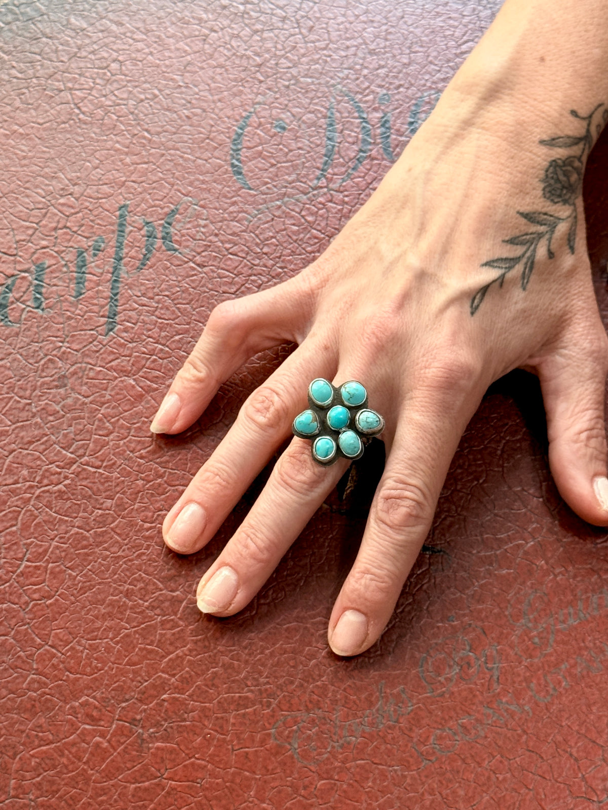 Turquoise flower cluster ring, Sterling Silver handmade Size 8