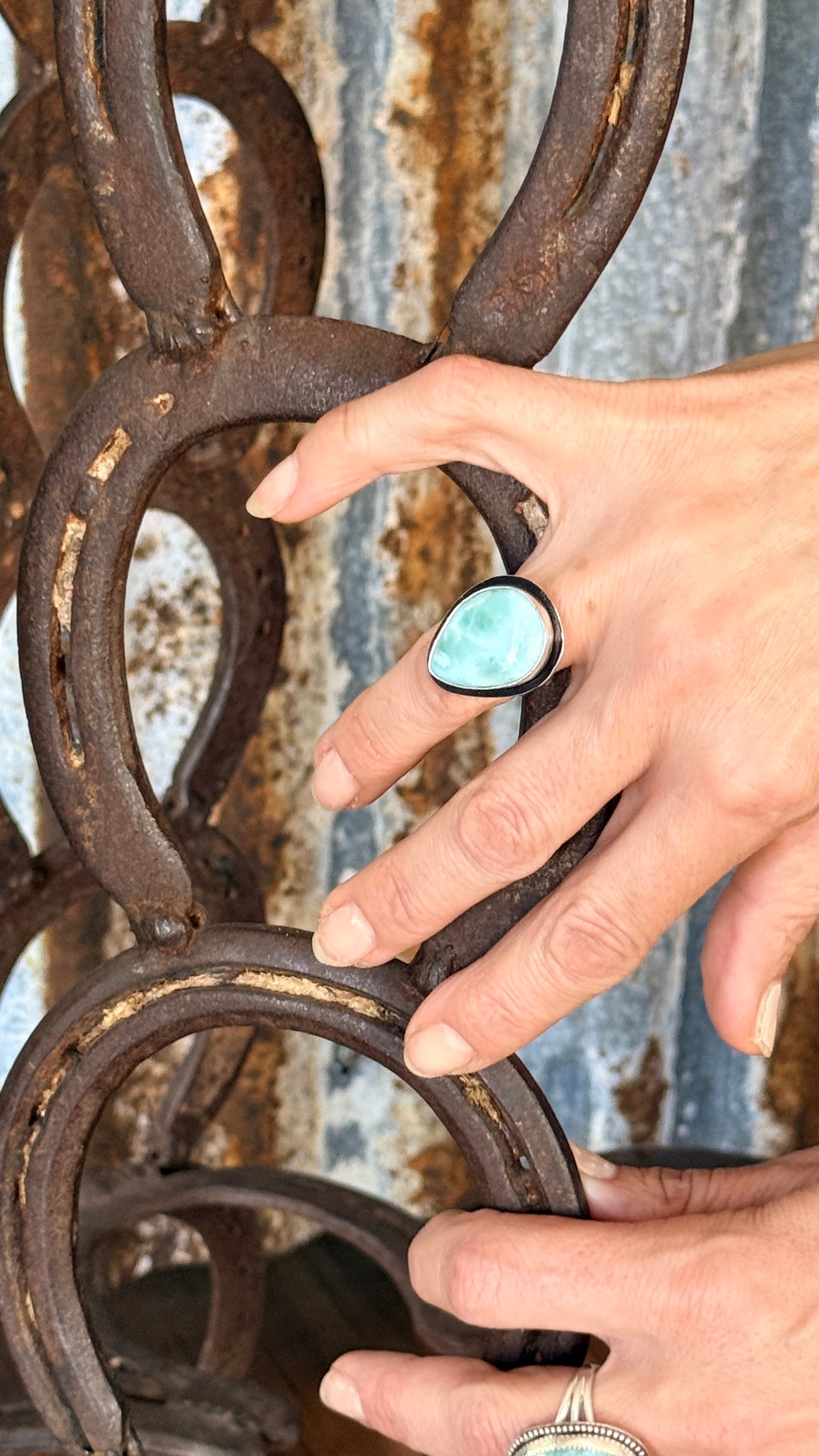 Larimar large teardrop sterling silver ring, handmade Size 6.5