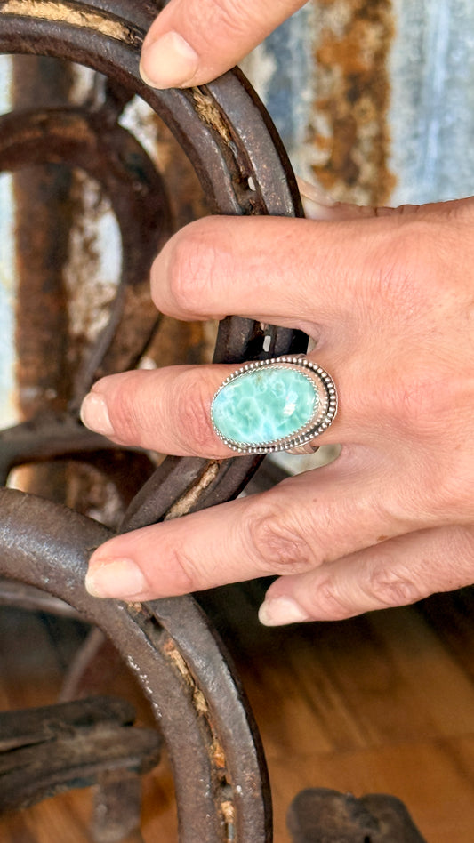 Larimar large oval sterling silver ring, handmade Size 7