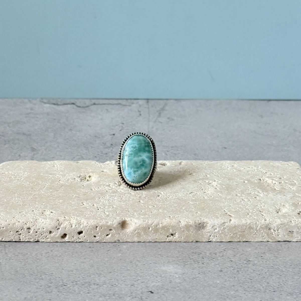 Larimar large oval sterling silver ring, handmade Size 7
