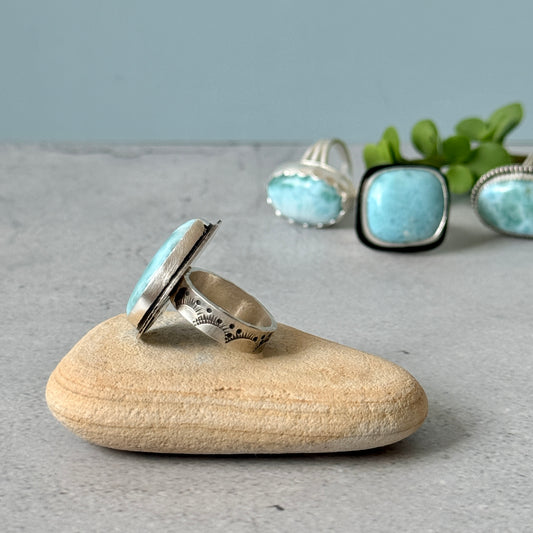 Larimar large teardrop sterling silver ring, handmade Size 6.5