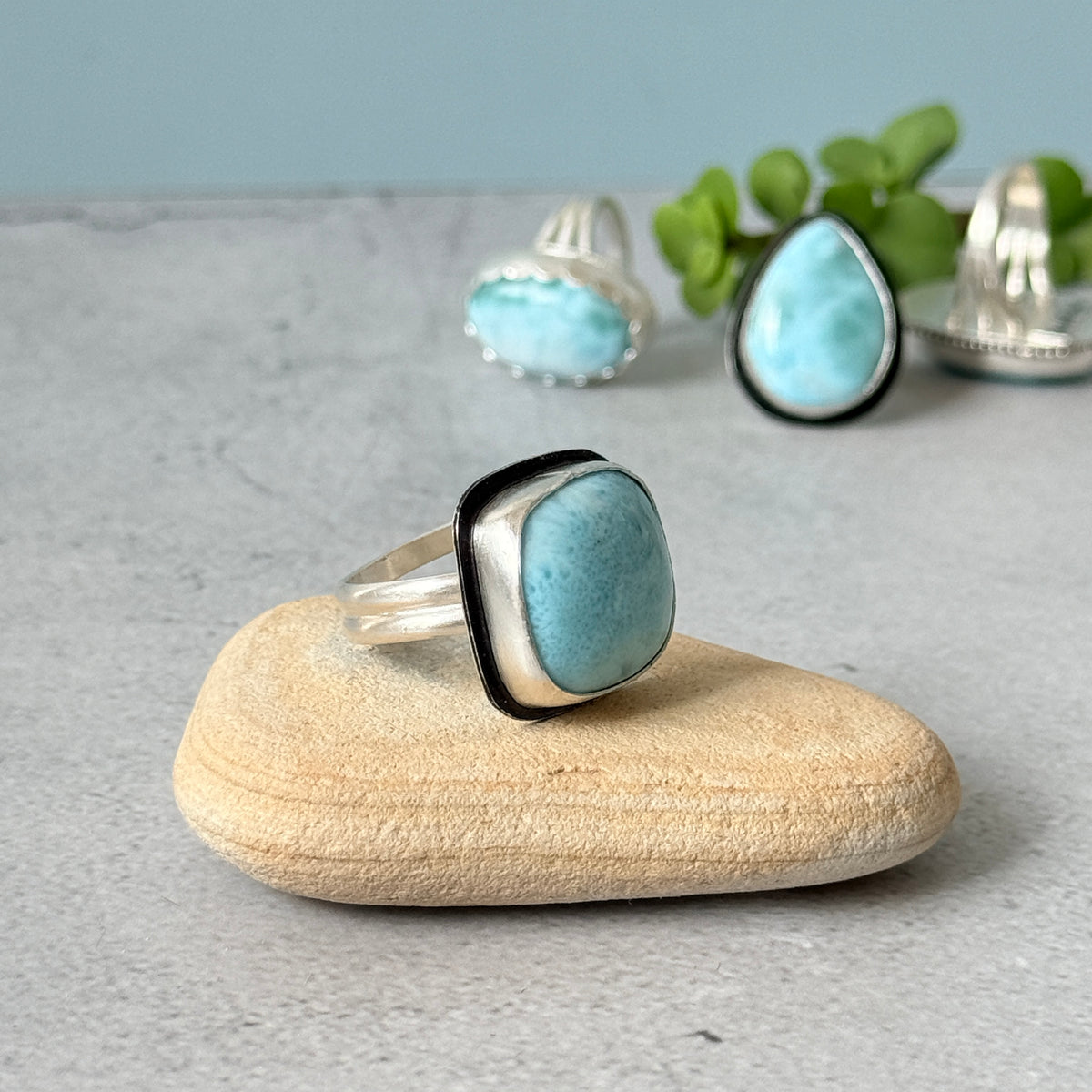Larimar large square sterling silver ring, handmade Size 9