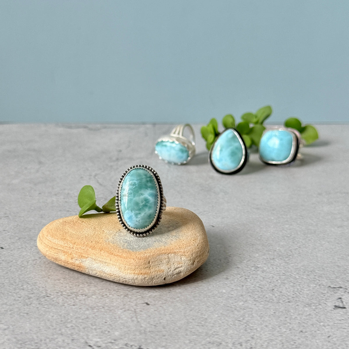 Larimar large oval sterling silver ring, handmade Size 7