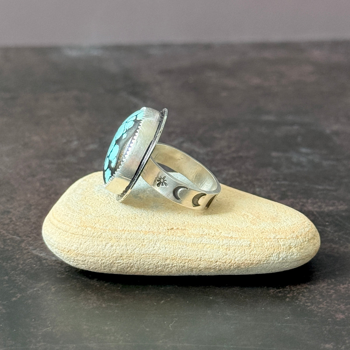 Hubei turquoise round Sterling Silver ring, Handmade Size 8.5