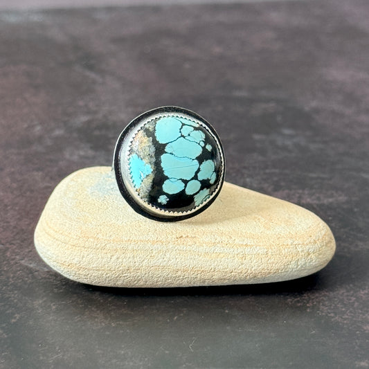 Hubei turquoise round Sterling Silver ring, Handmade Size 8.5