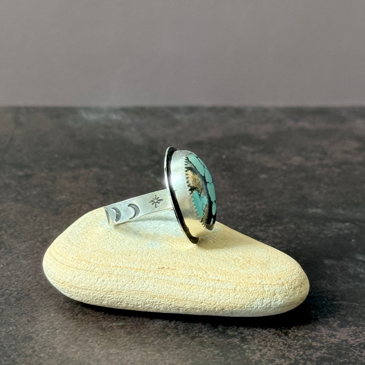 Hubei turquoise round Sterling Silver ring, Handmade Size 8.5