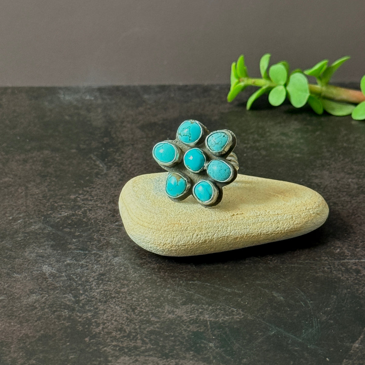 Turquoise flower cluster ring, Sterling Silver handmade Size 8