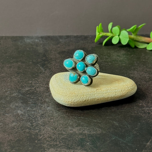 Turquoise flower cluster ring, Sterling Silver handmade Size 8