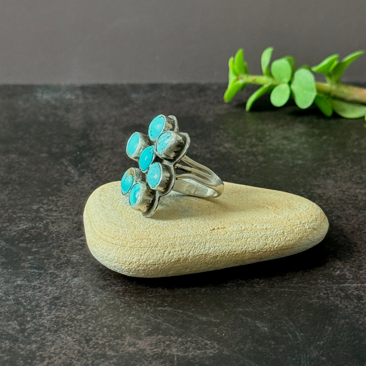 Turquoise flower cluster ring, Sterling Silver handmade Size 8