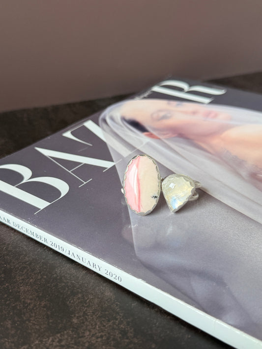 Peruvian Pink Opal, handmade Sterling Silver feminine ring Size 8.5
