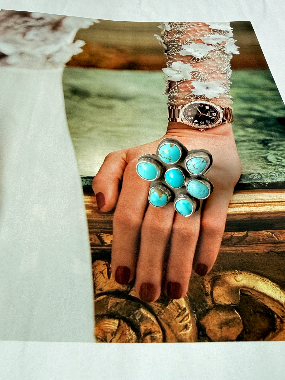Turquoise flower cluster ring, Sterling Silver handmade Size 8
