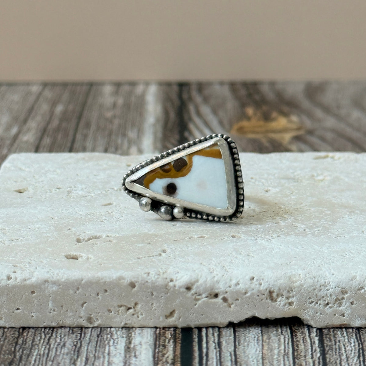 Polka Dot Agate triangle Sterling Silver handmade ring Size 7