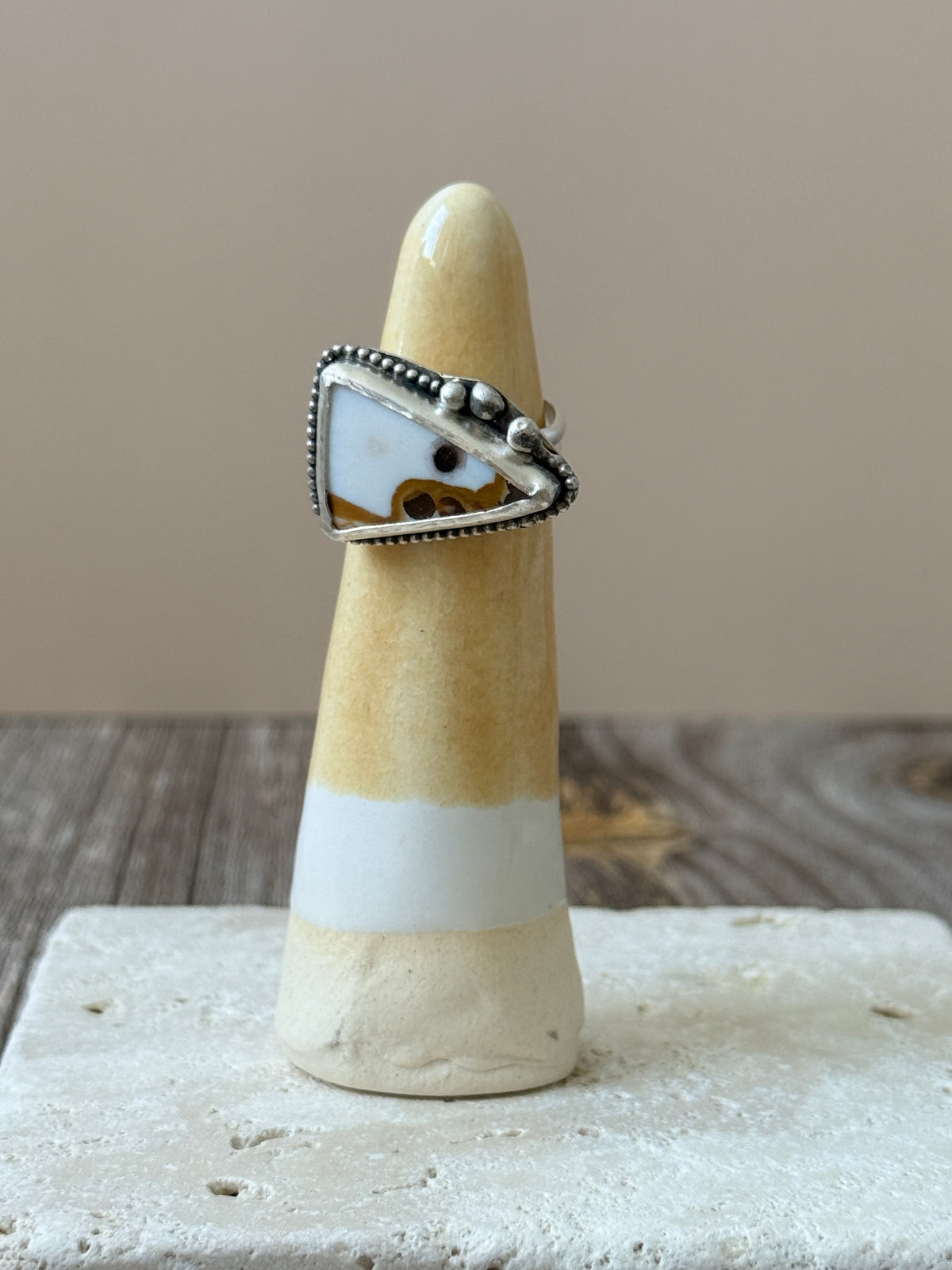 Polka Dot Agate triangle Sterling Silver handmade ring Size 7