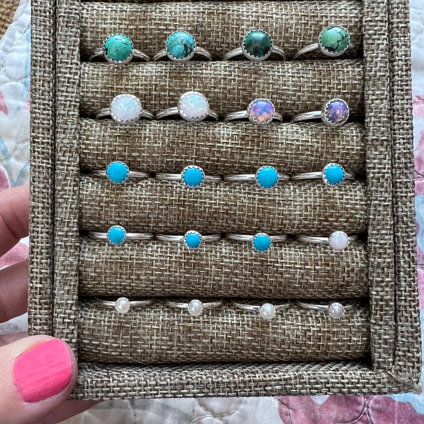 Dainty Vegan Pearl Stacking Rings in Sterling Silver