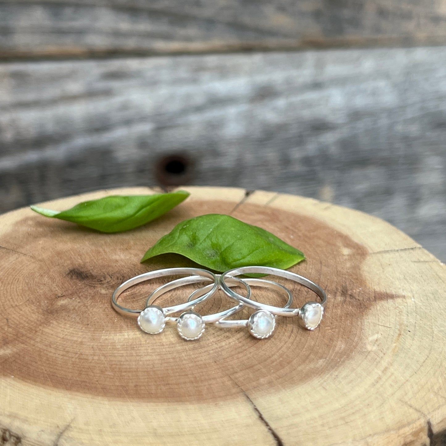 Dainty Vegan Pearl Stacking Rings in Sterling Silver