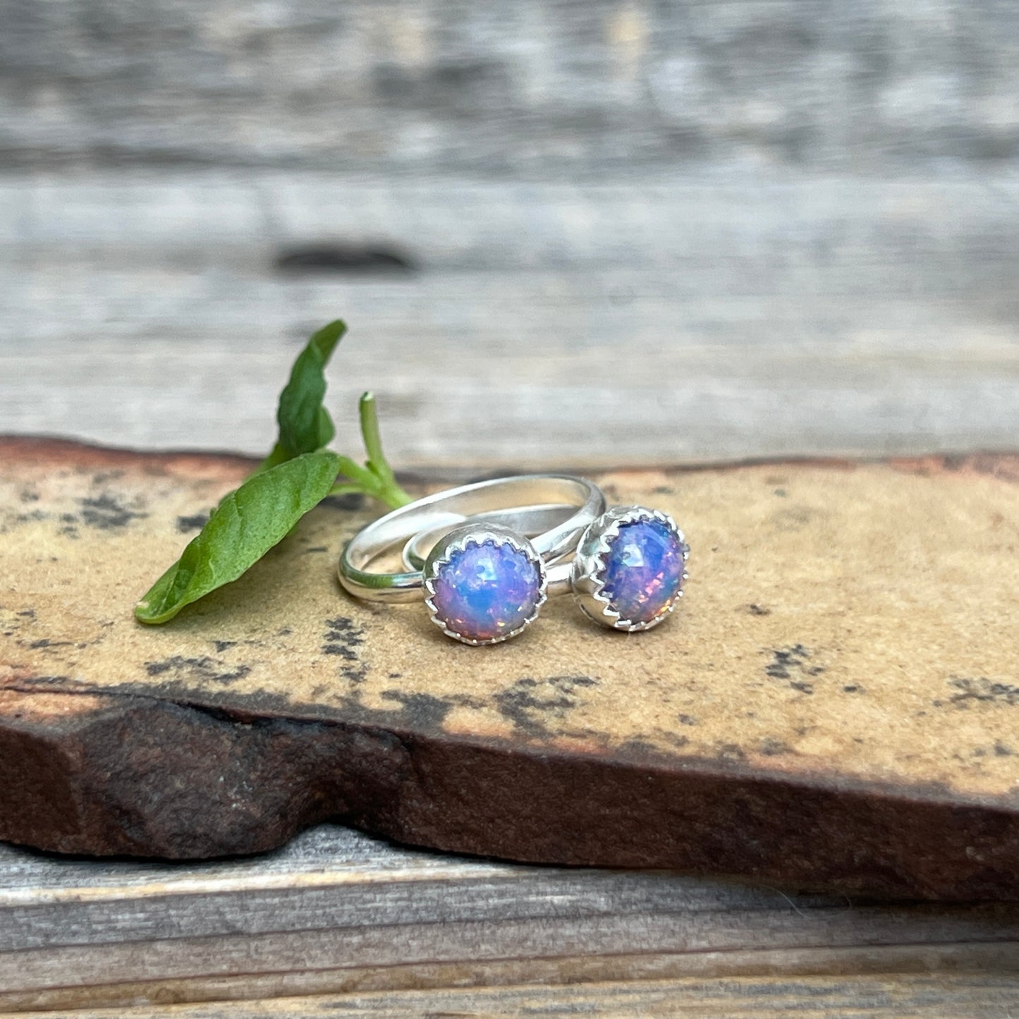 White opal & fire opal rings. Handmade minimalist Sterling Silver skinny stacking rings