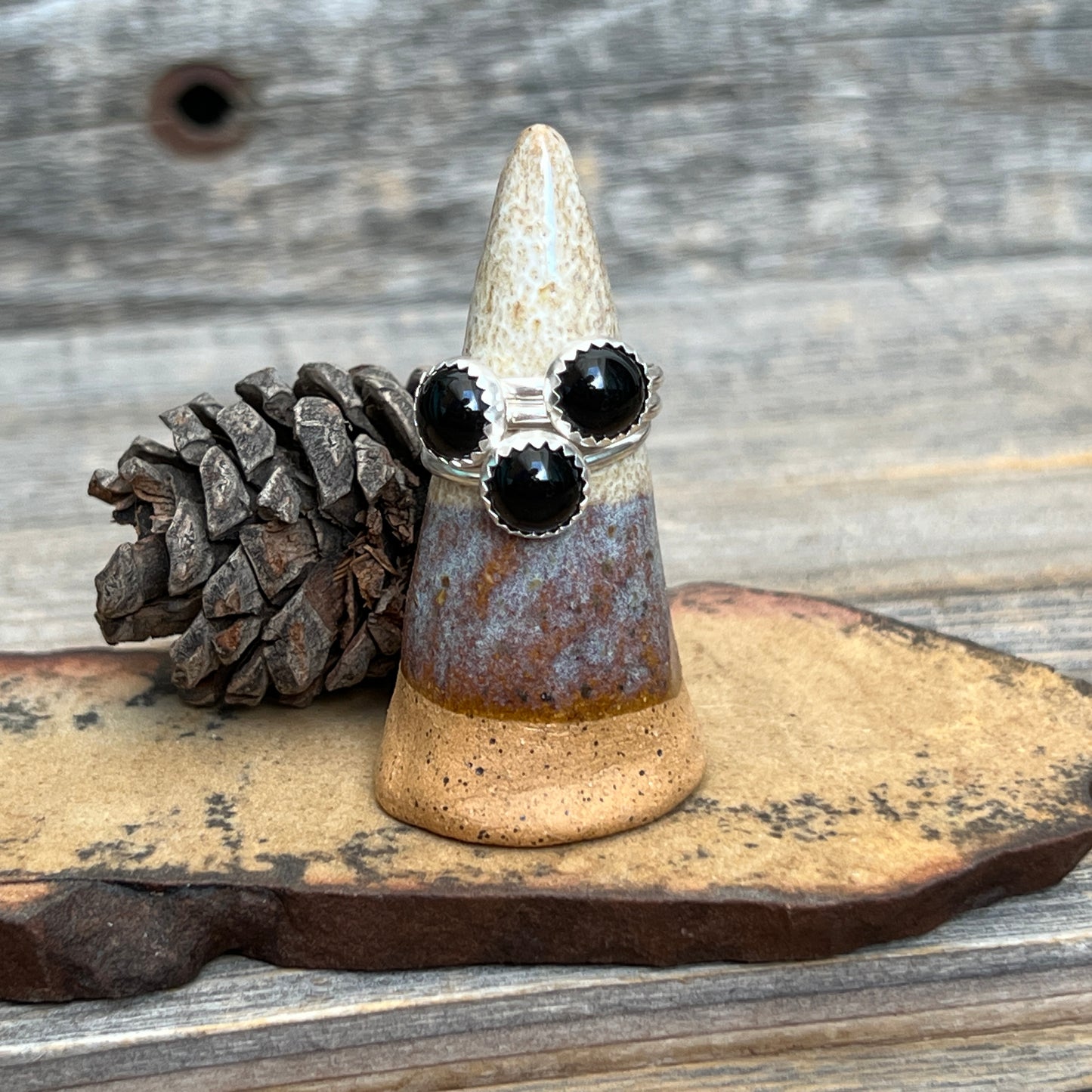 Onyx skinny stacking rings: Sterling Silver