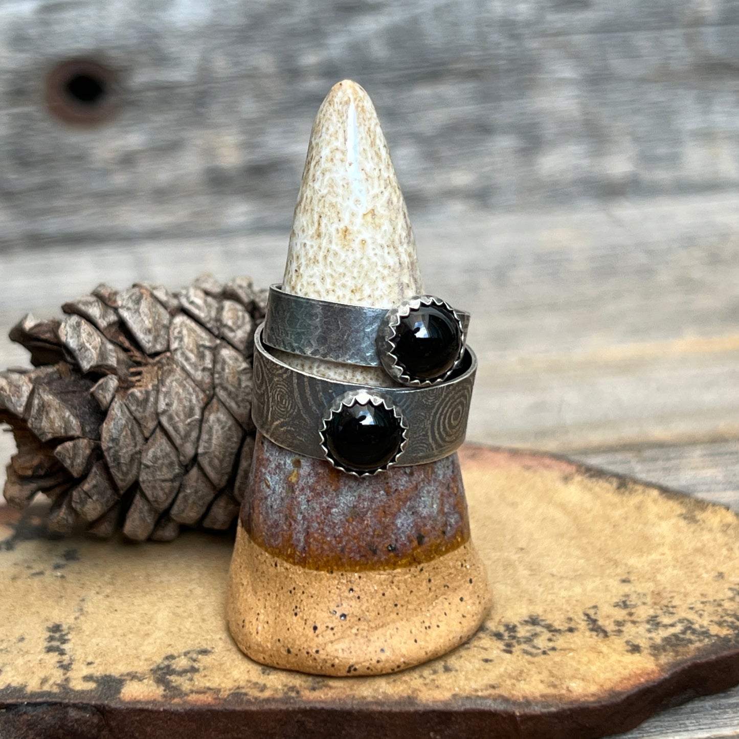 Onyx textured wide band rings: Sterling Silver