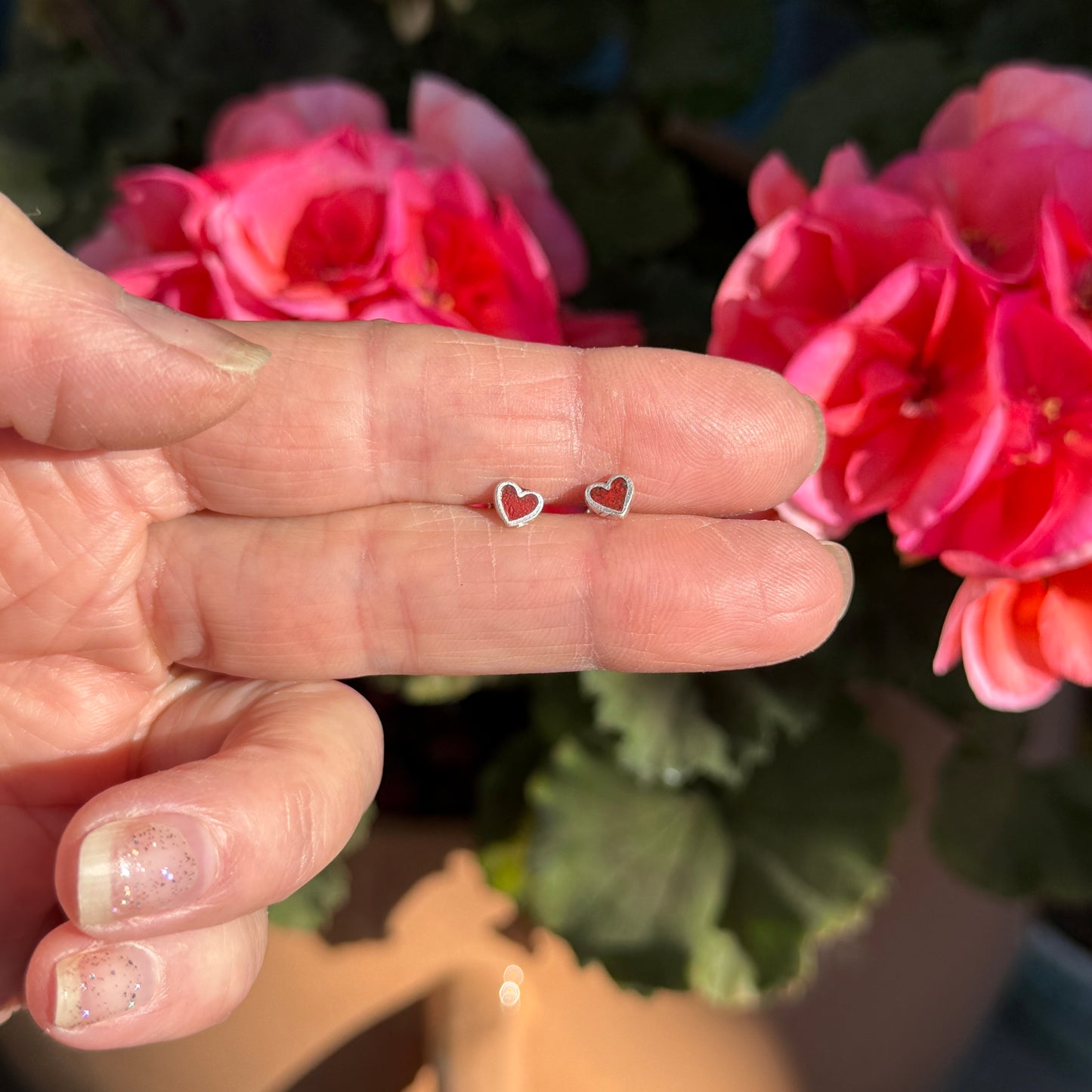 Tiny Red Heart Sterling Silver Stud Earrings: Coral Inlay