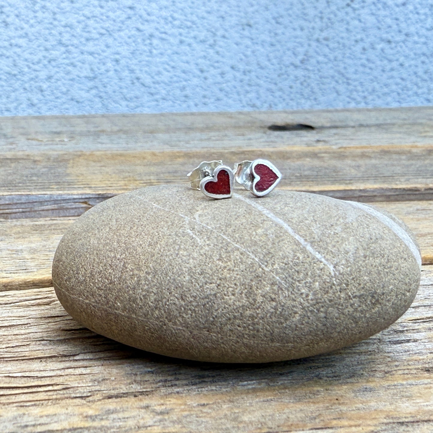 Tiny Red Heart Sterling Silver Stud Earrings: Coral Inlay