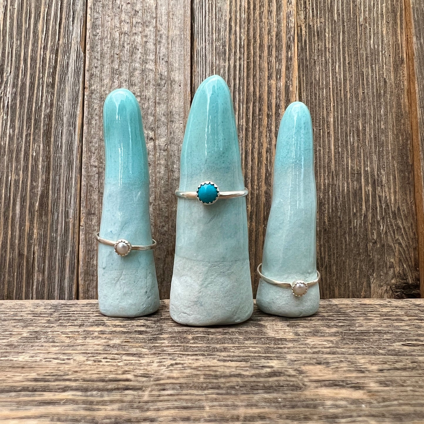 Dainty Vegan Pearl Stacking Rings in Sterling Silver