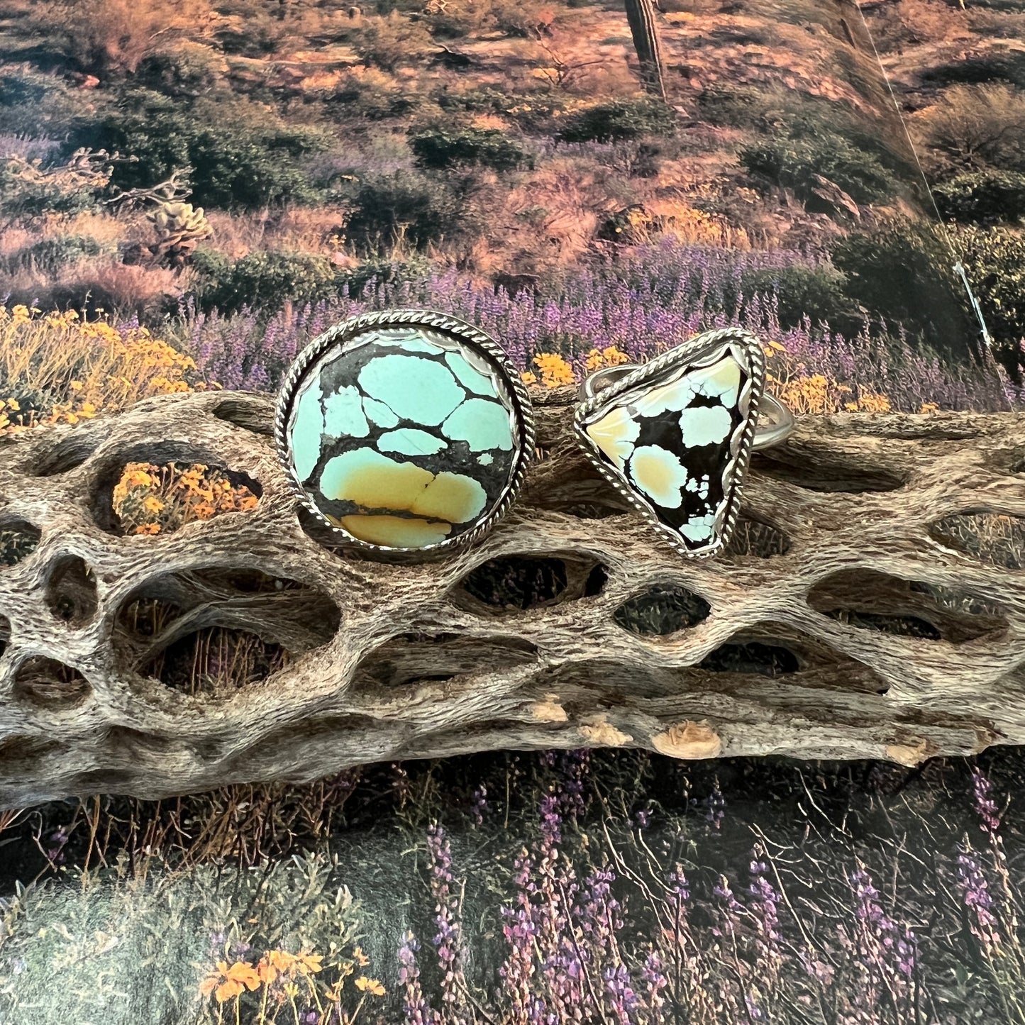 Hubei Turquoise round and tringle rings: Sterling Silver