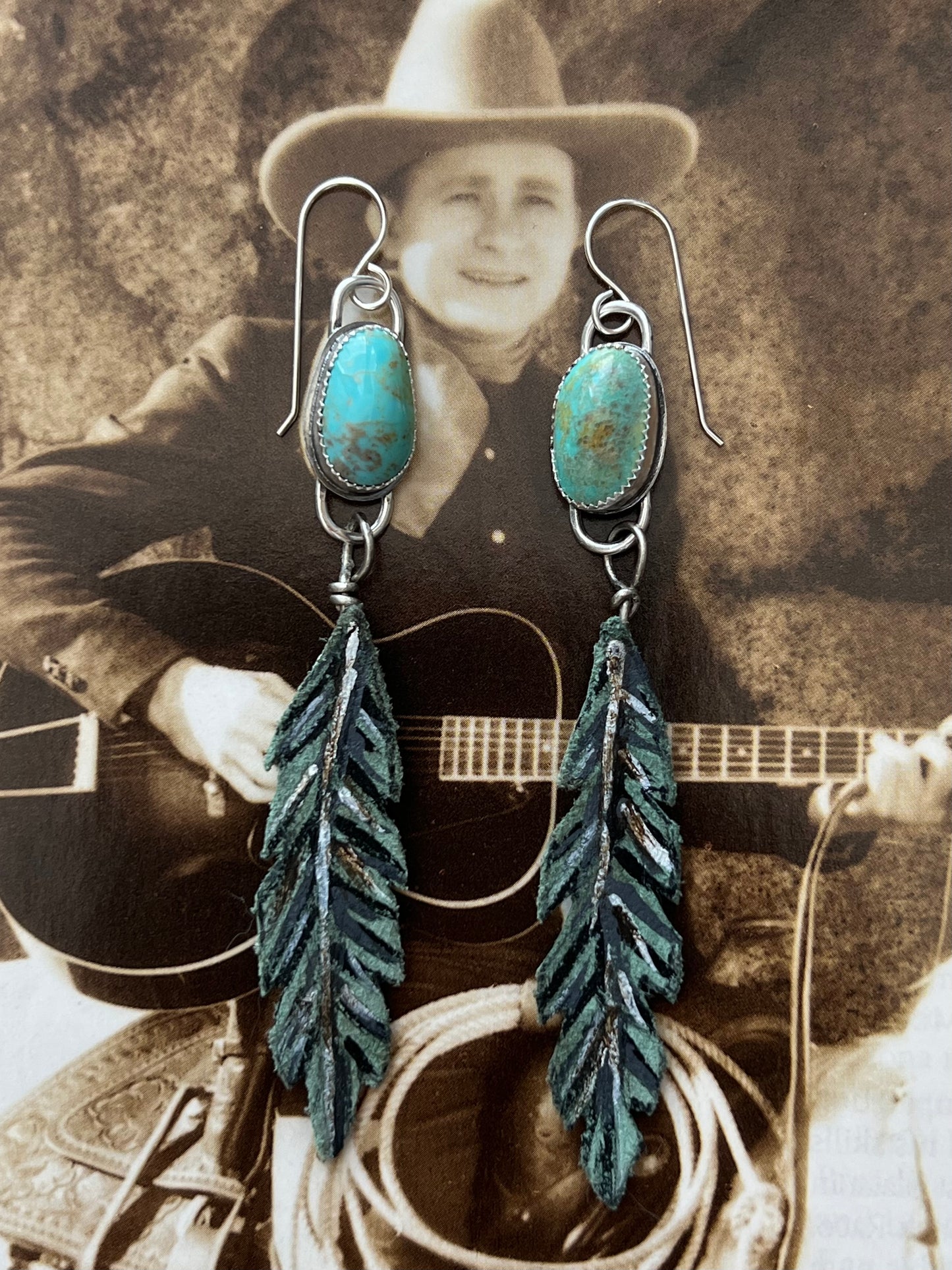 Turquoise earrings with hand painted leather feathers: Sterling Silver