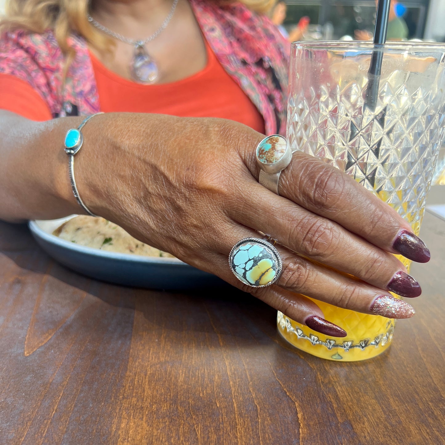 Hubei Turquoise round and tringle rings: Sterling Silver