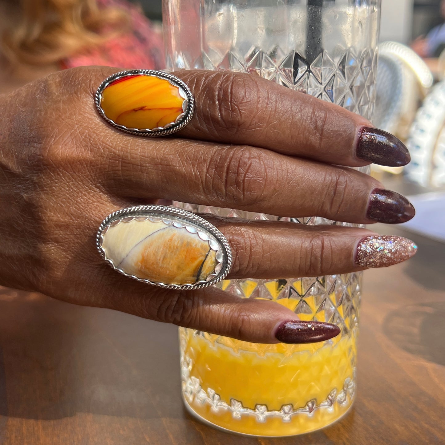 Gabbs Opalized Wood & Yellow Rosarita Rings: Sterling Silver