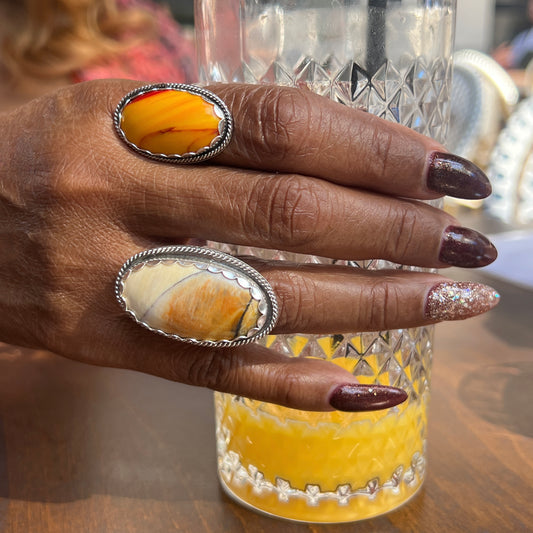Gabbs Opalized Wood & Yellow Rosarita Rings: Sterling Silver