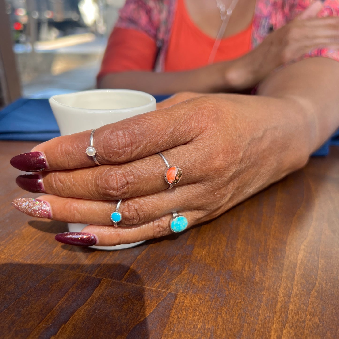 Dainty Vegan Pearl Stacking Rings in Sterling Silver