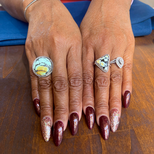 Hubei Turquoise round and tringle rings: Sterling Silver