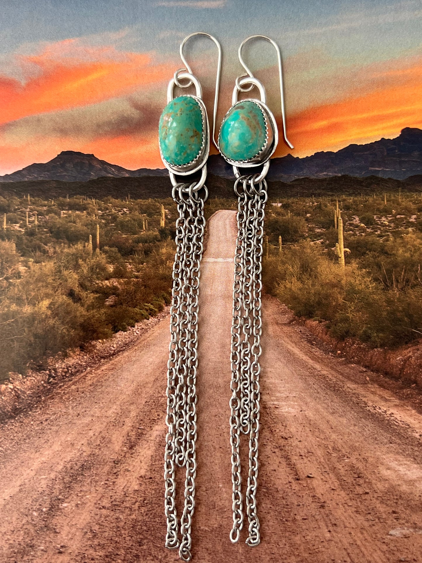 Turquoise shoulder duster earrings with chain fringe: Sterling Silver