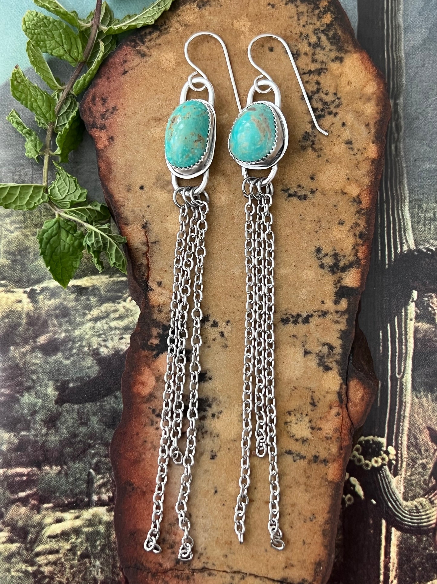 Turquoise shoulder duster earrings with chain fringe: Sterling Silver