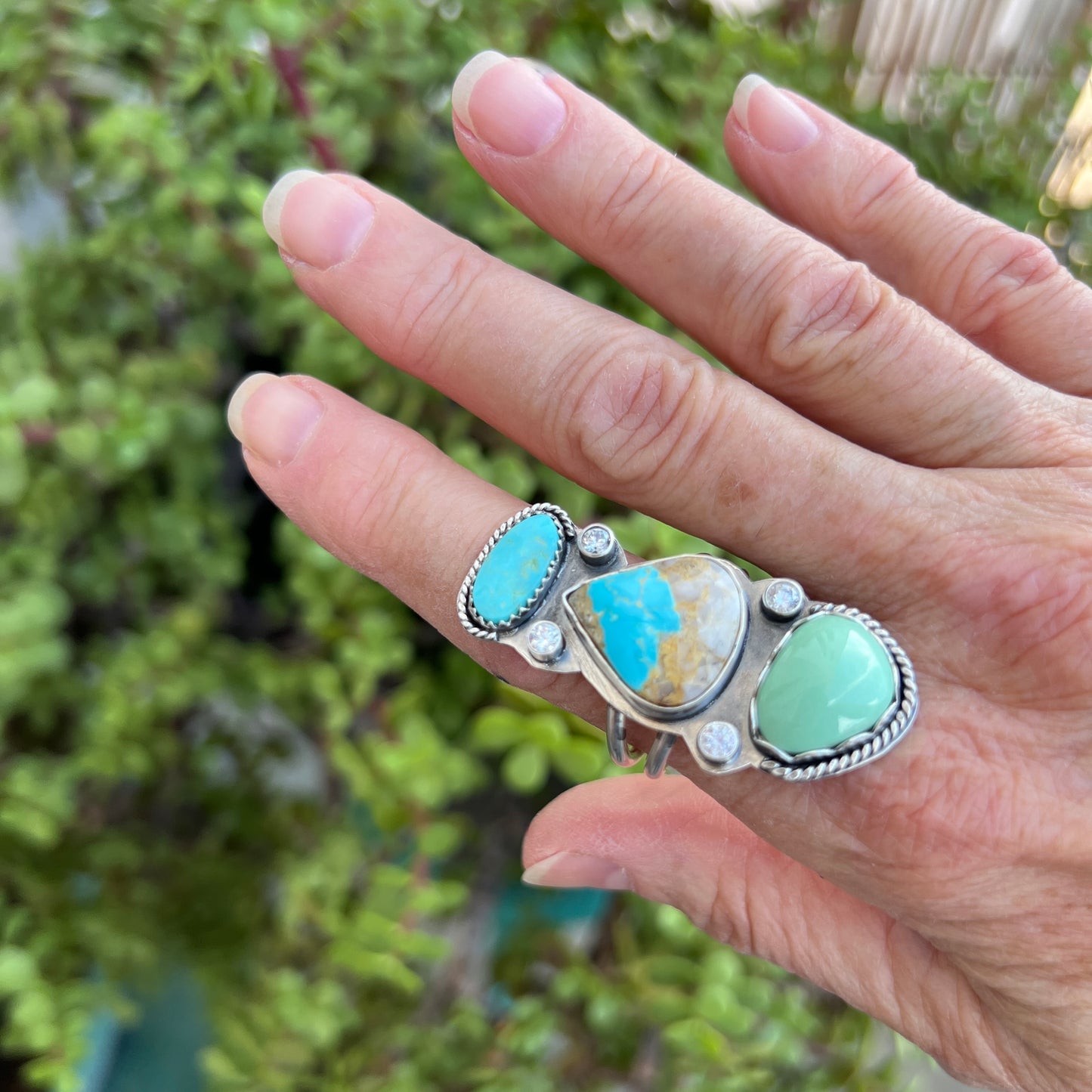 Stunning Triple Stone Ring: Turquoise and Green Variscite