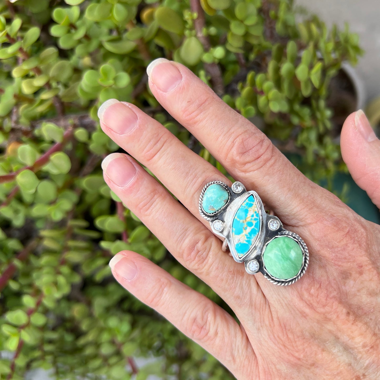 Stunning Triple Stone Ring: Turquoise and Green Variscite