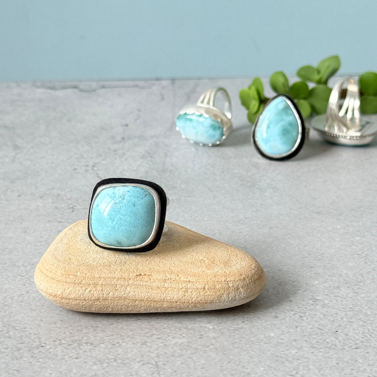 Larimar large square sterling silver ring, handmade Size 9