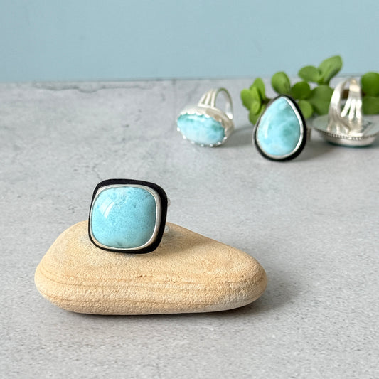Larimar large square sterling silver ring, handmade Size 9