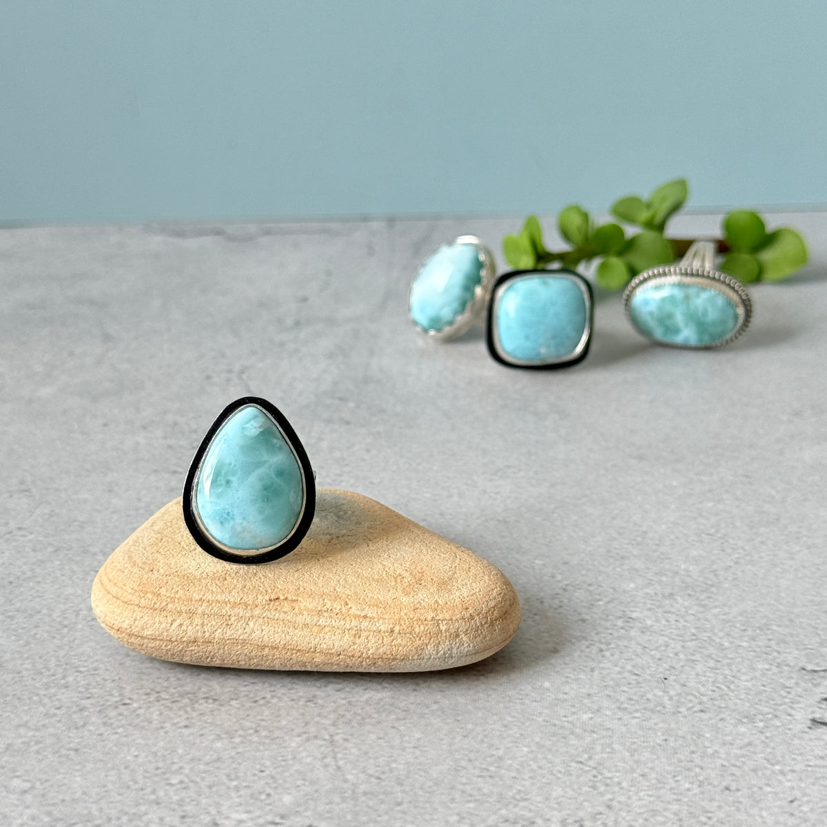Larimar large teardrop sterling silver ring, handmade Size 6.5