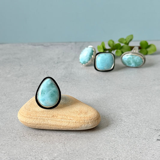 Larimar large teardrop sterling silver ring, handmade Size 6.5