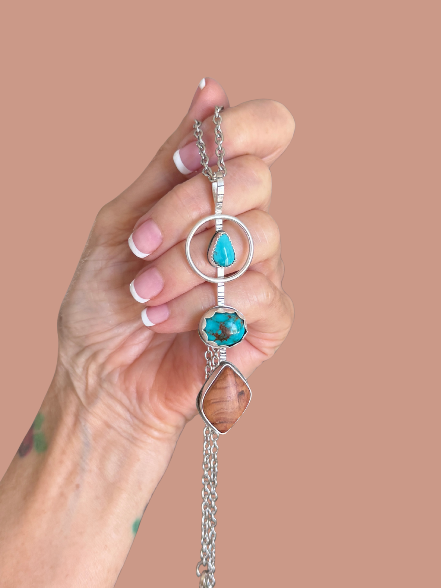 Turquoise and Wood Sterling Silver pendant necklace