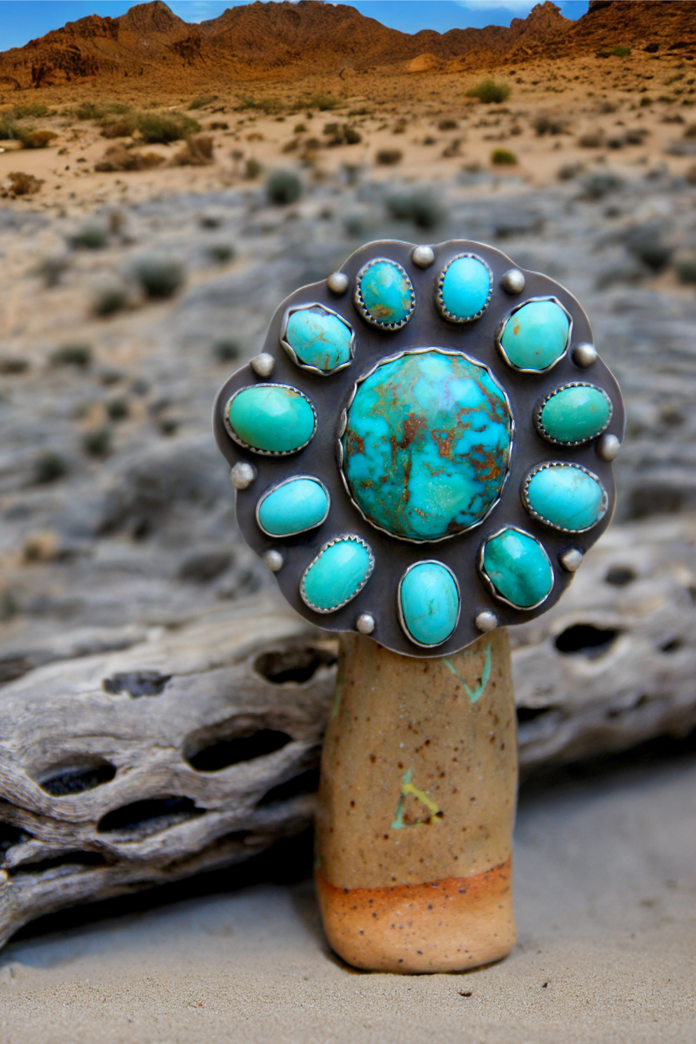 Show-Stopping Cluster Ring with Gem Chrysocholla & Turquoise: Sterling Silver