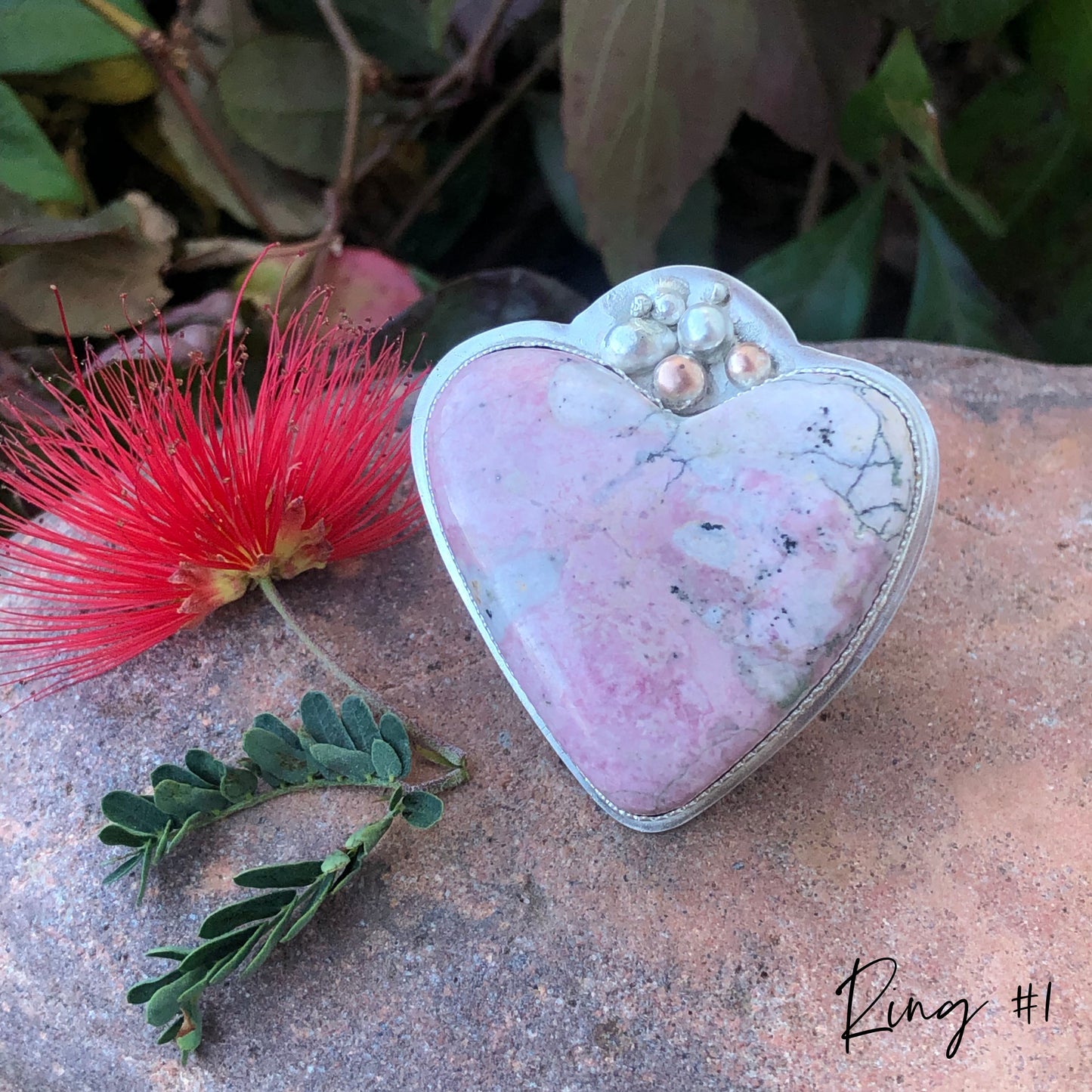 Rhodonite Love: Large Pink Heart Ring in Sterling Silver