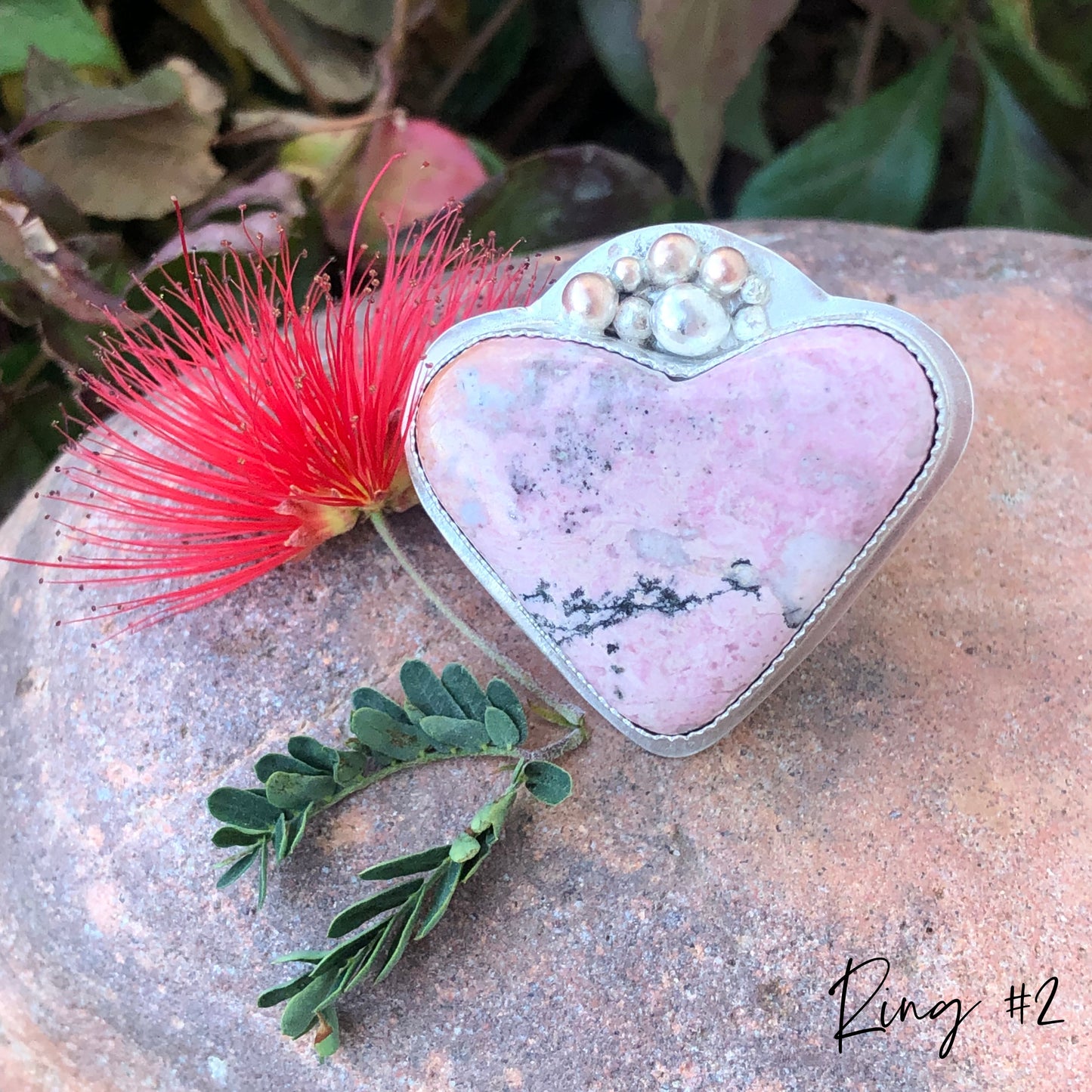 Rhodonite Love: Large Pink Heart Ring in Sterling Silver