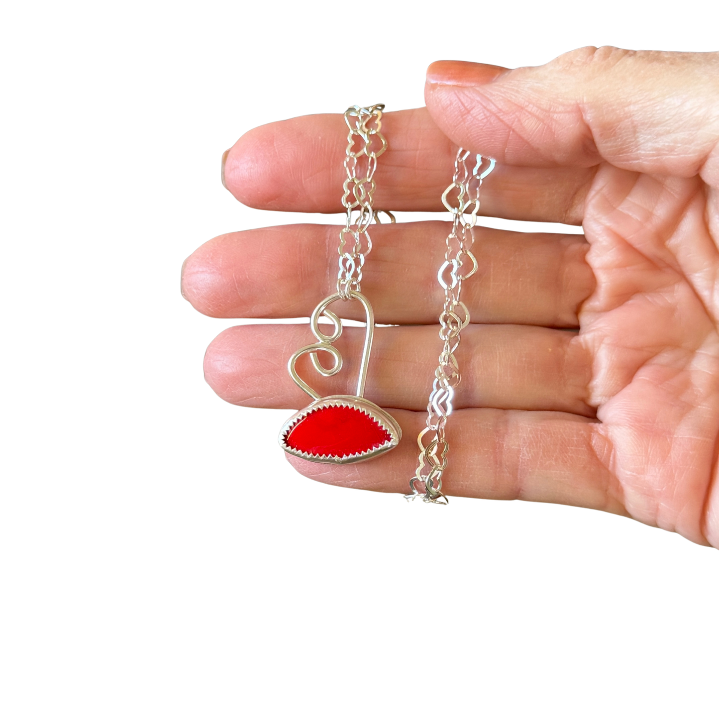 Red Rosarita pendant with heart chain: Sterling Silver