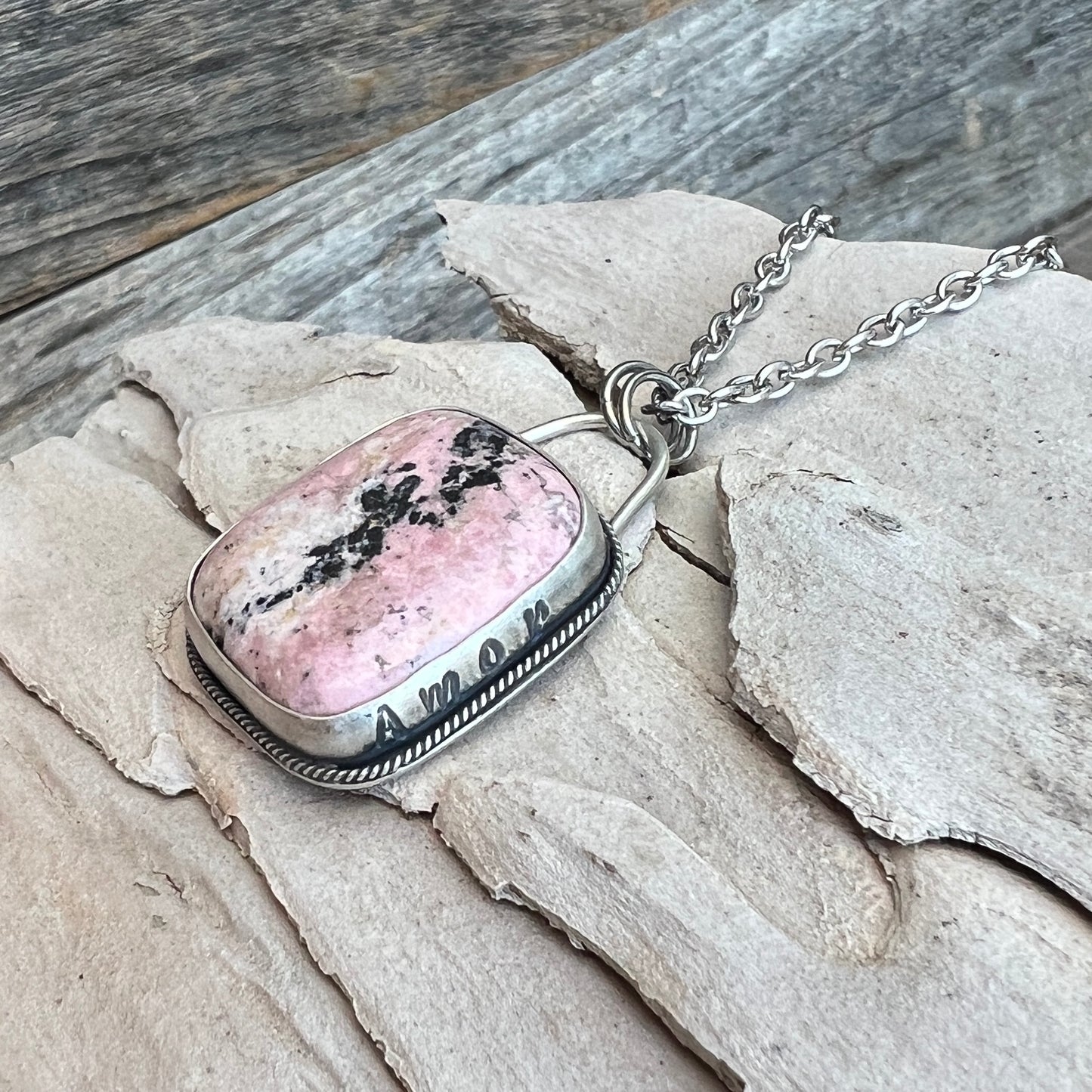 Amore in Pink: Rhodonite Sterling Silver Pendant Necklace
