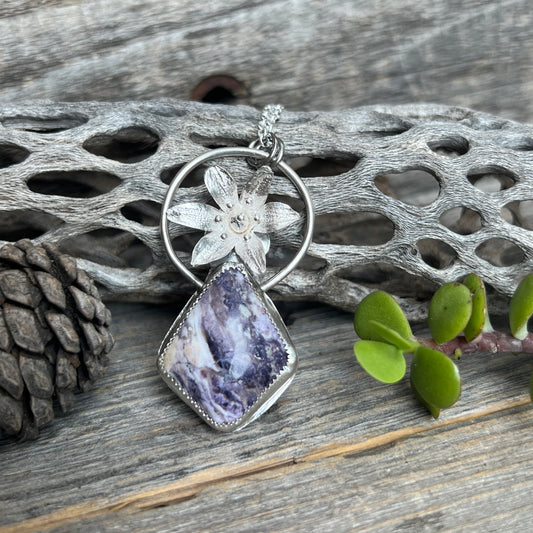 Pineapple Lily Flower and Tiffany Stone necklace: Sterling Silver