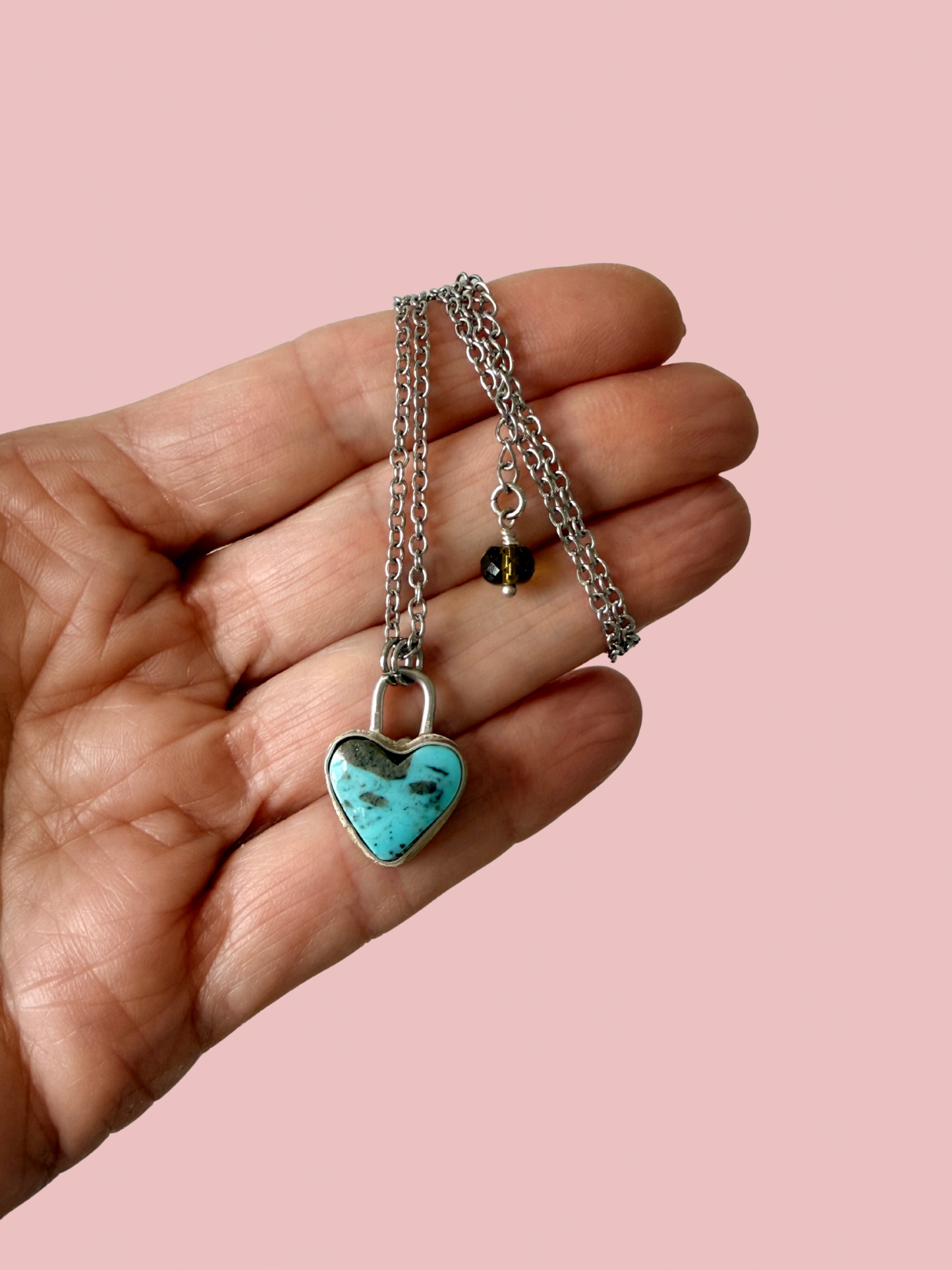 Turquoise Heart Necklace: Reversible with Rose on flip side, Sterling Silver