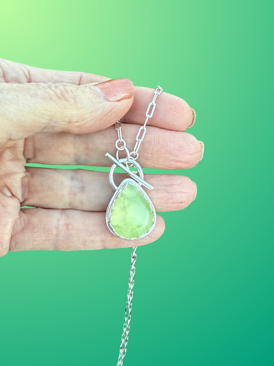 Prehnite teardrop front closure Sterling Silver necklace