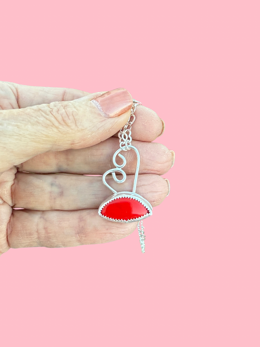 Red Rosarita pendant with heart chain: Sterling Silver